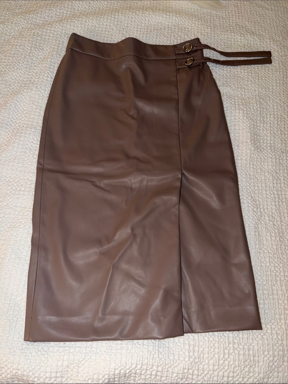 LOFT Brown Faux Leather Wrap-Accent Midi Skirt